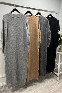 Ribbed Round Neck,Embroidery Flower Sleeve Detailed Knitted Dress