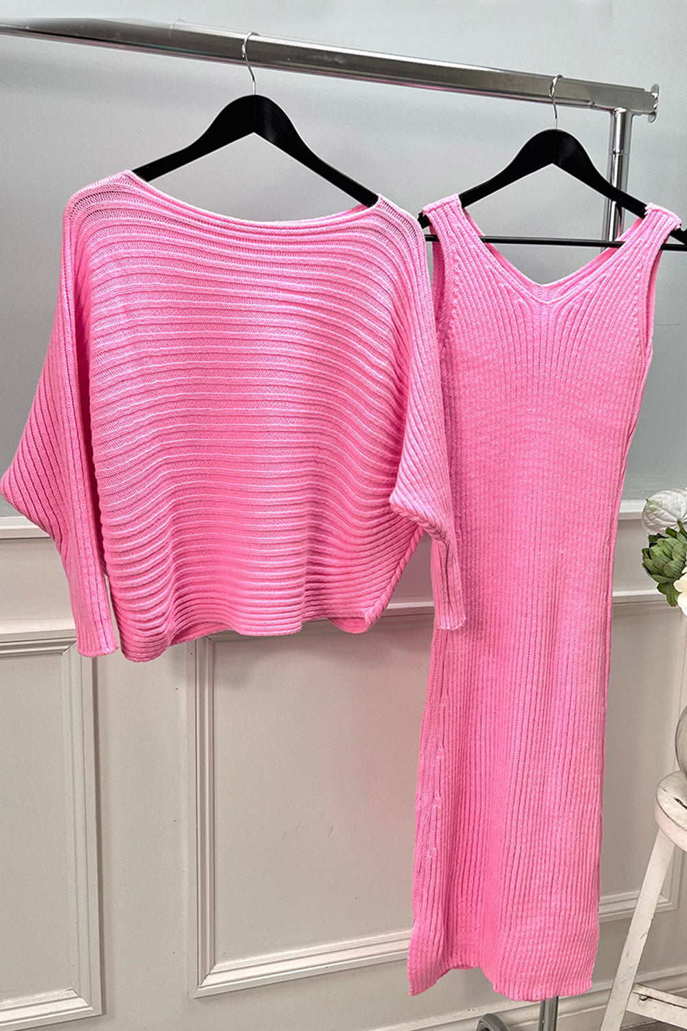 Round Neck Batwing, V Front & Back, Side Split, Ribbed Two Piece Set