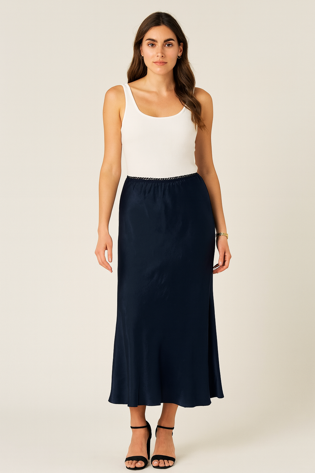 Elasticated Lace Trim Waist Satin Skirt