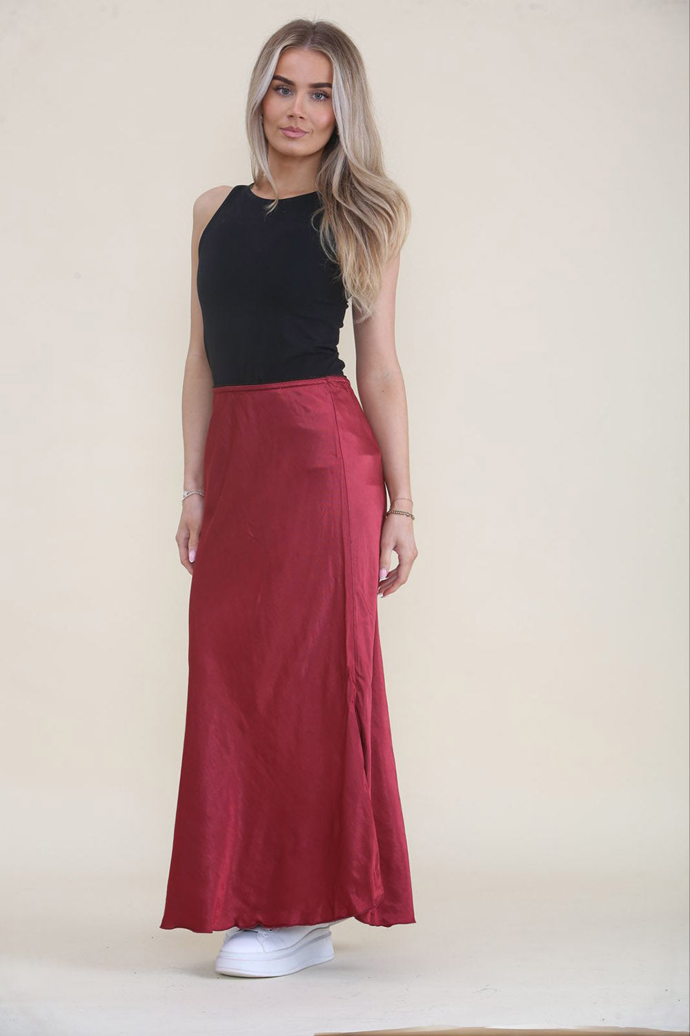 Elasticated Lace Trim Waist Satin Skirt