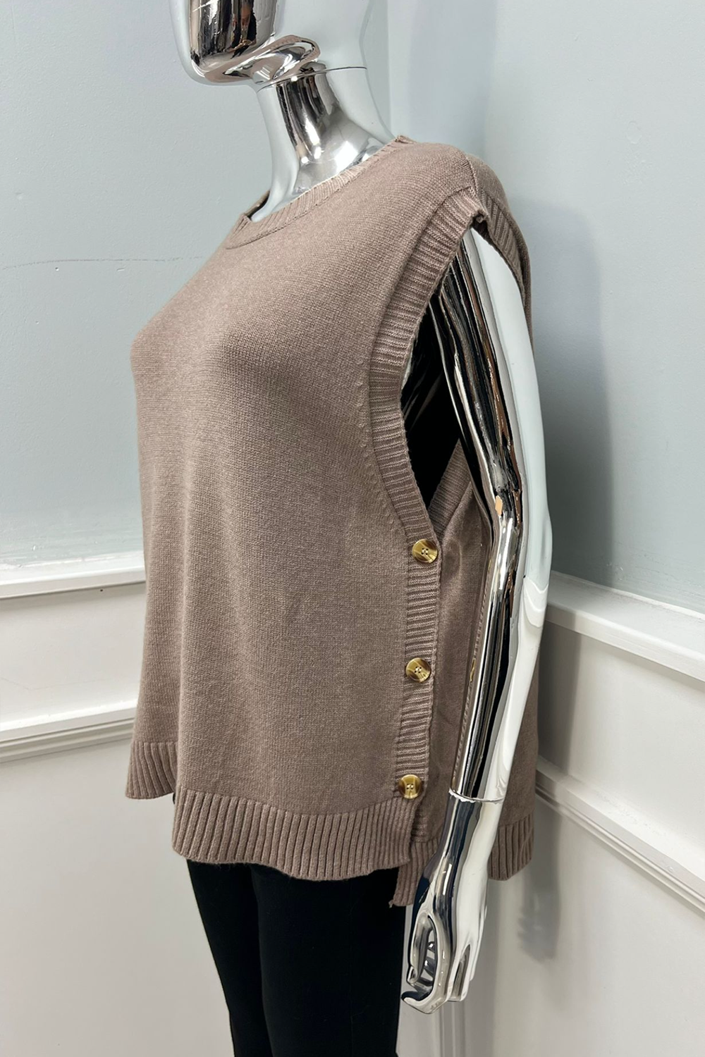 Round Neck, Side Button Detailed, Viscose Knitted Waistcoat.