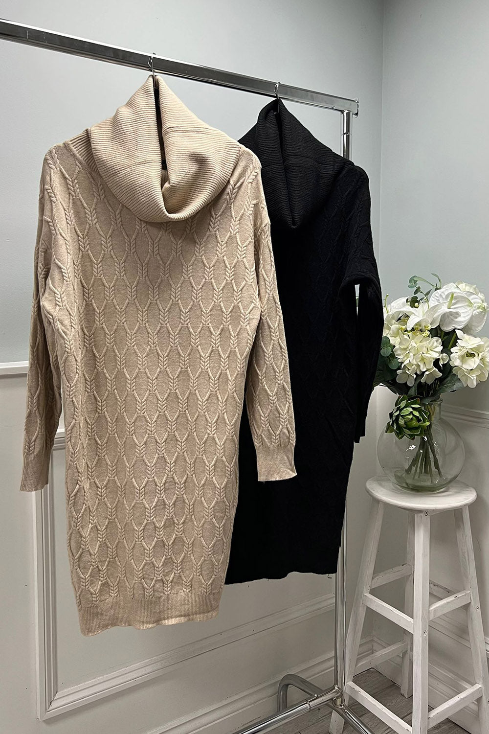 Cable-knit sweater dress with a relaxed cowl neck and long sleeves