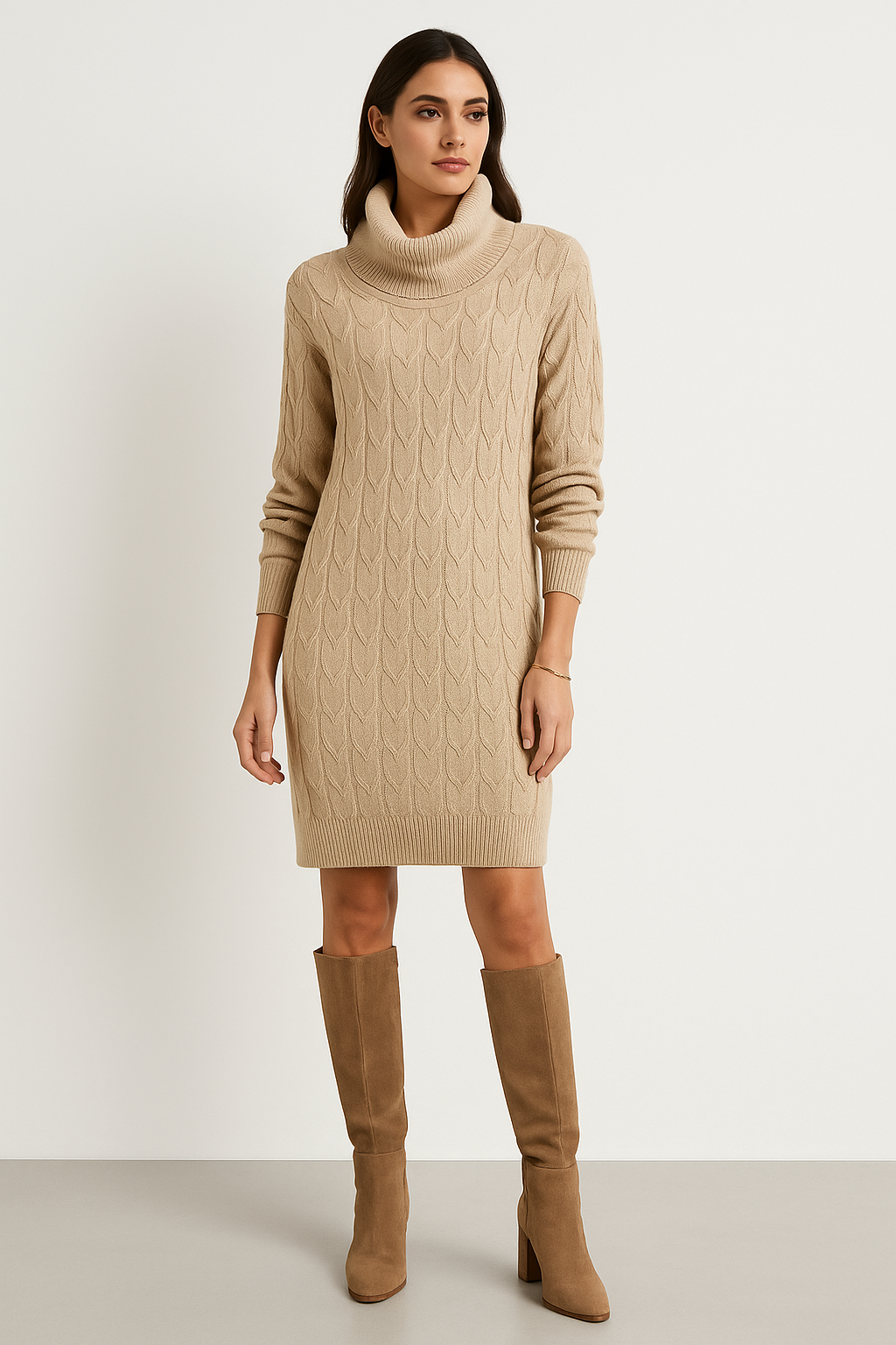 Cable-knit sweater dress with a relaxed cowl neck and long sleeves