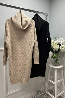 Cable-knit sweater dress with a relaxed cowl neck and long sleeves