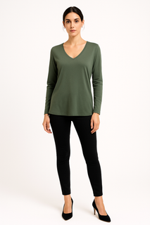 Olive Green Top – V-Neck with Long Sleeves