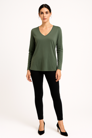 Olive Green Top – V-Neck with Long Sleeves