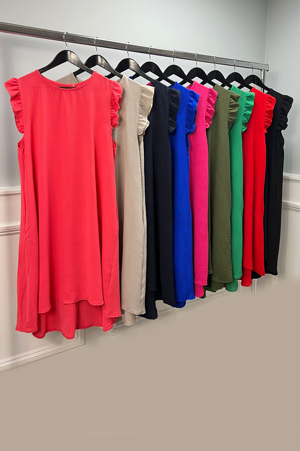 Round Neck, Frill Sleeve, Button Back Detailed, Two Pocket High Low Dress.