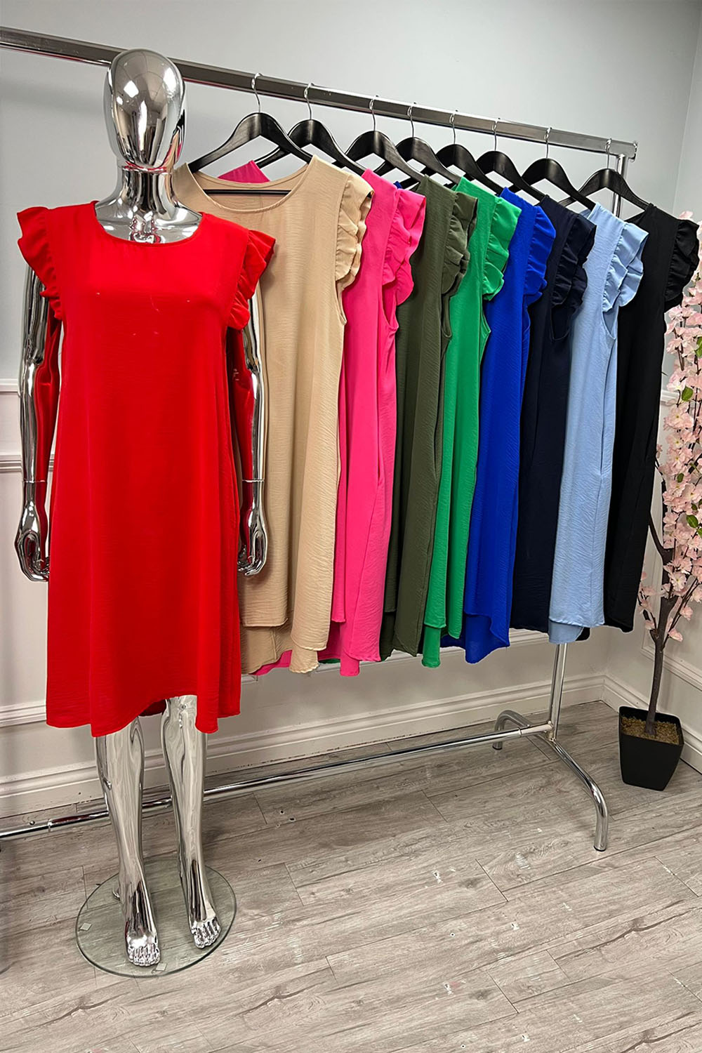 Round Neck, Frill Sleeve, Button Back Detailed, Two Pocket High Low Dress.