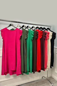 Round Neck, Frill Sleeve, Button Back Detailed, Two Pocket High Low Dress.