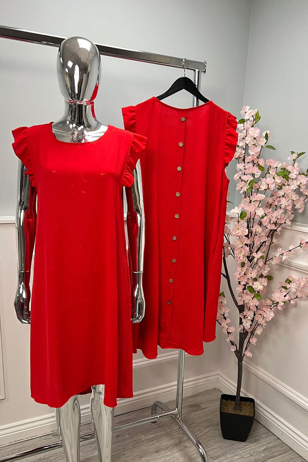Round Neck, Frill Sleeve, Button Back Detailed, Two Pocket High Low Dress.