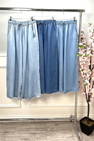 Elasticated Waist, Drawstring Detailed, 100% Tencel, Wide Leg Denim Trouser.