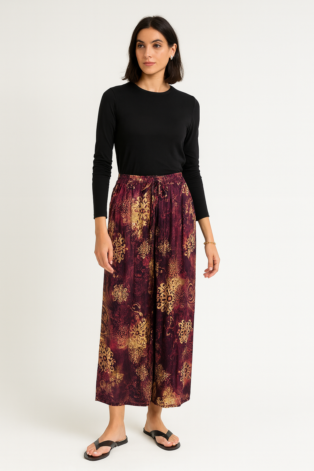 Elasticated Waist, Drawstring Detailed, Two Pocket, Wide Leg Satin Trouser