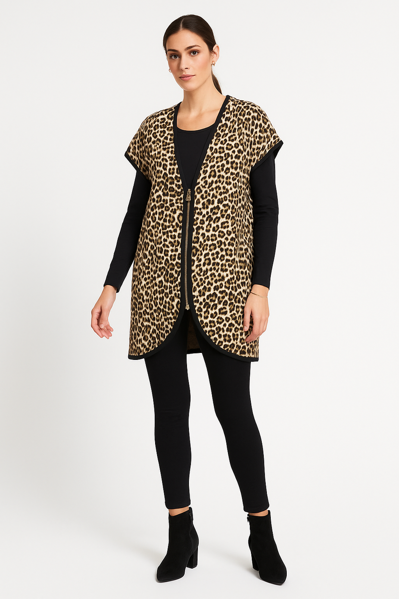 Leopard Print Vest – Sleeveless Zip-Up with Curved Hem