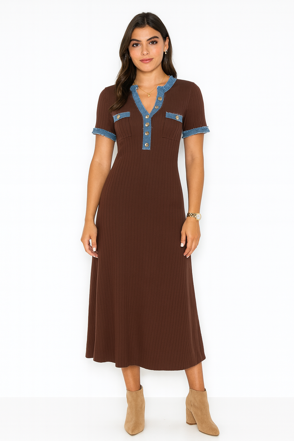 Denim Trim & Golden Button Detailed, Viscose & Nylon Knitted Ribbed Dress