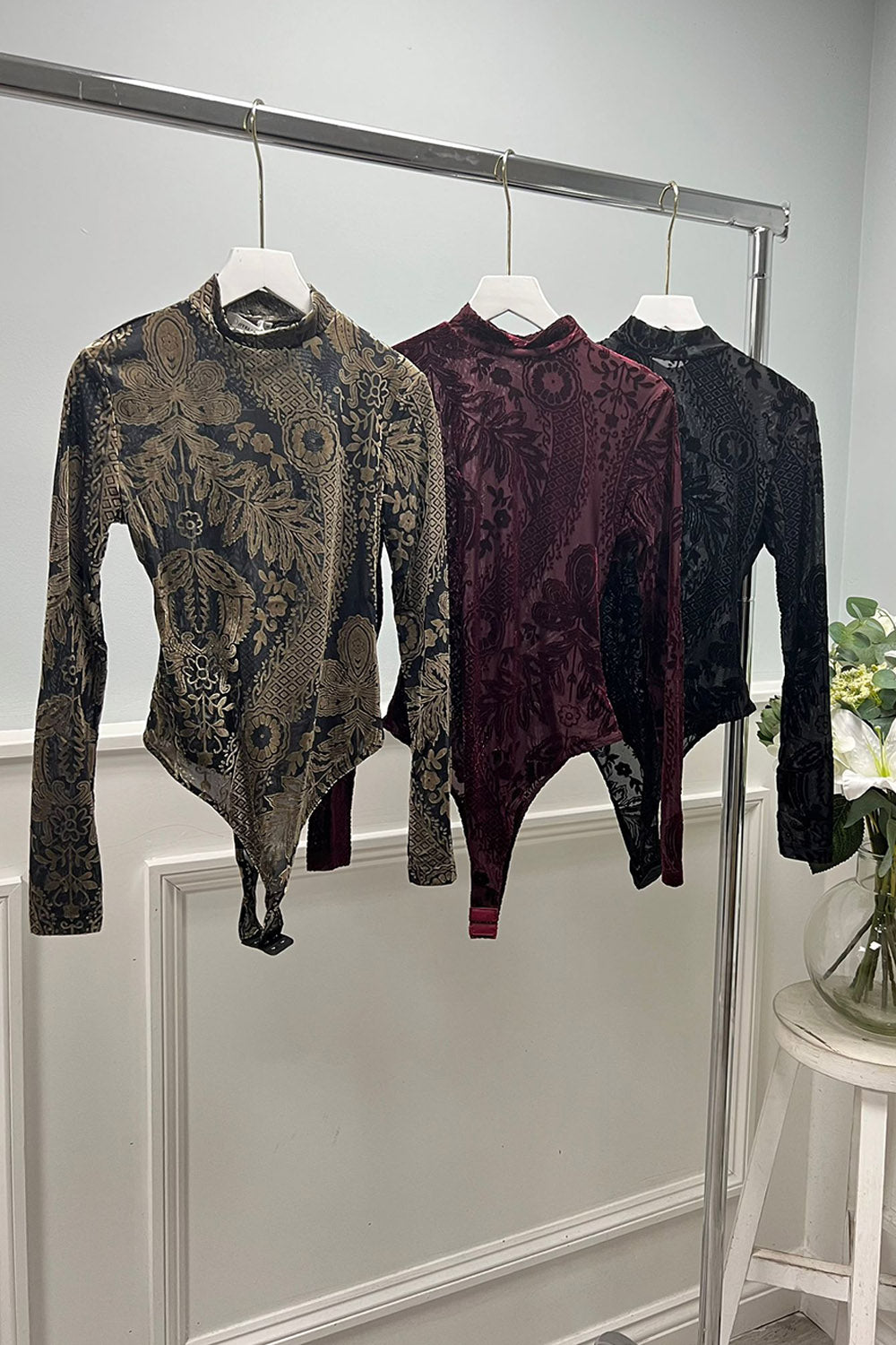 Baroque Velvet Bodysuit in Golden Noir