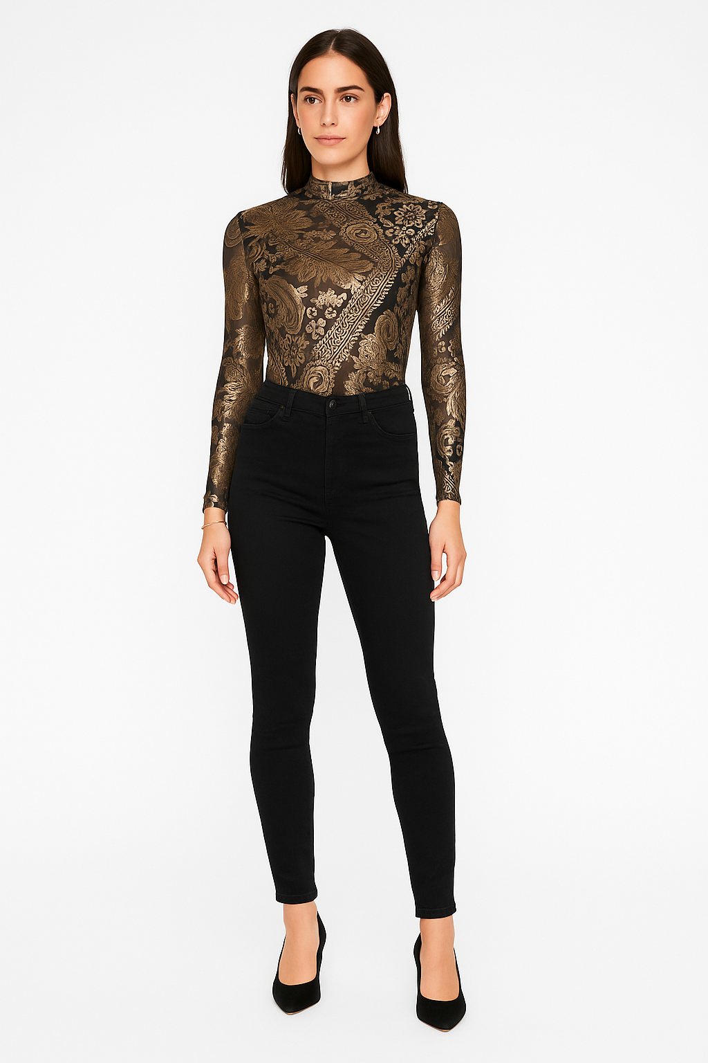 Baroque Velvet Bodysuit in Golden Noir