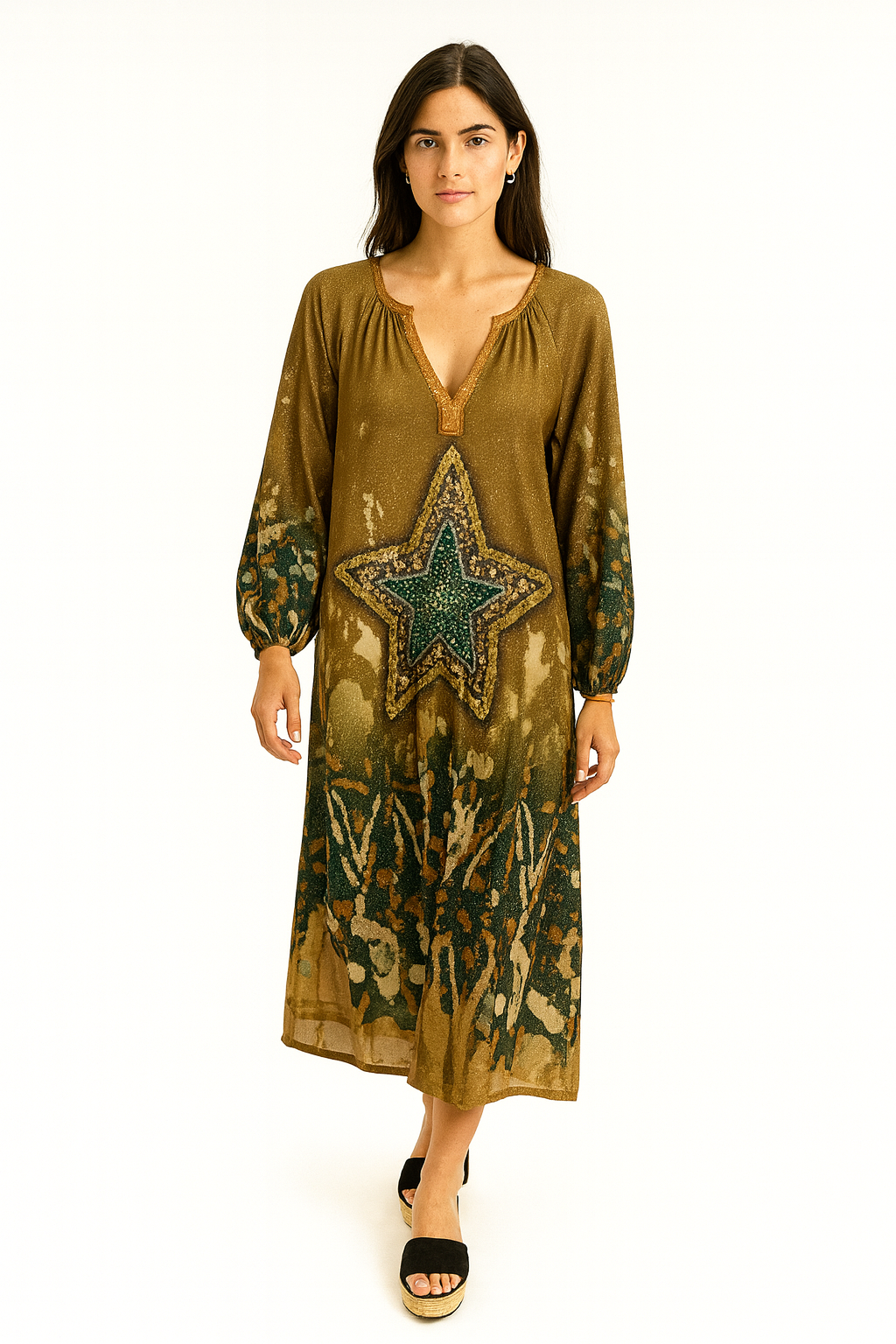 V-Neck, Elasticated Cuff, Side Split Detailed, Printed Lurex Dress