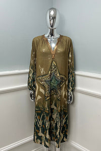 V-Neck, Elasticated Cuff, Side Split Detailed, Printed Lurex Dress