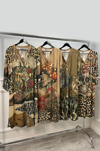 V-Neck, Elasticated Cuff, Side Split Detailed, Printed Lurex Dress