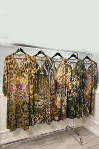 V-Neck, Elasticated Cuff, Side Split Detailed, Printed Lurex Dress