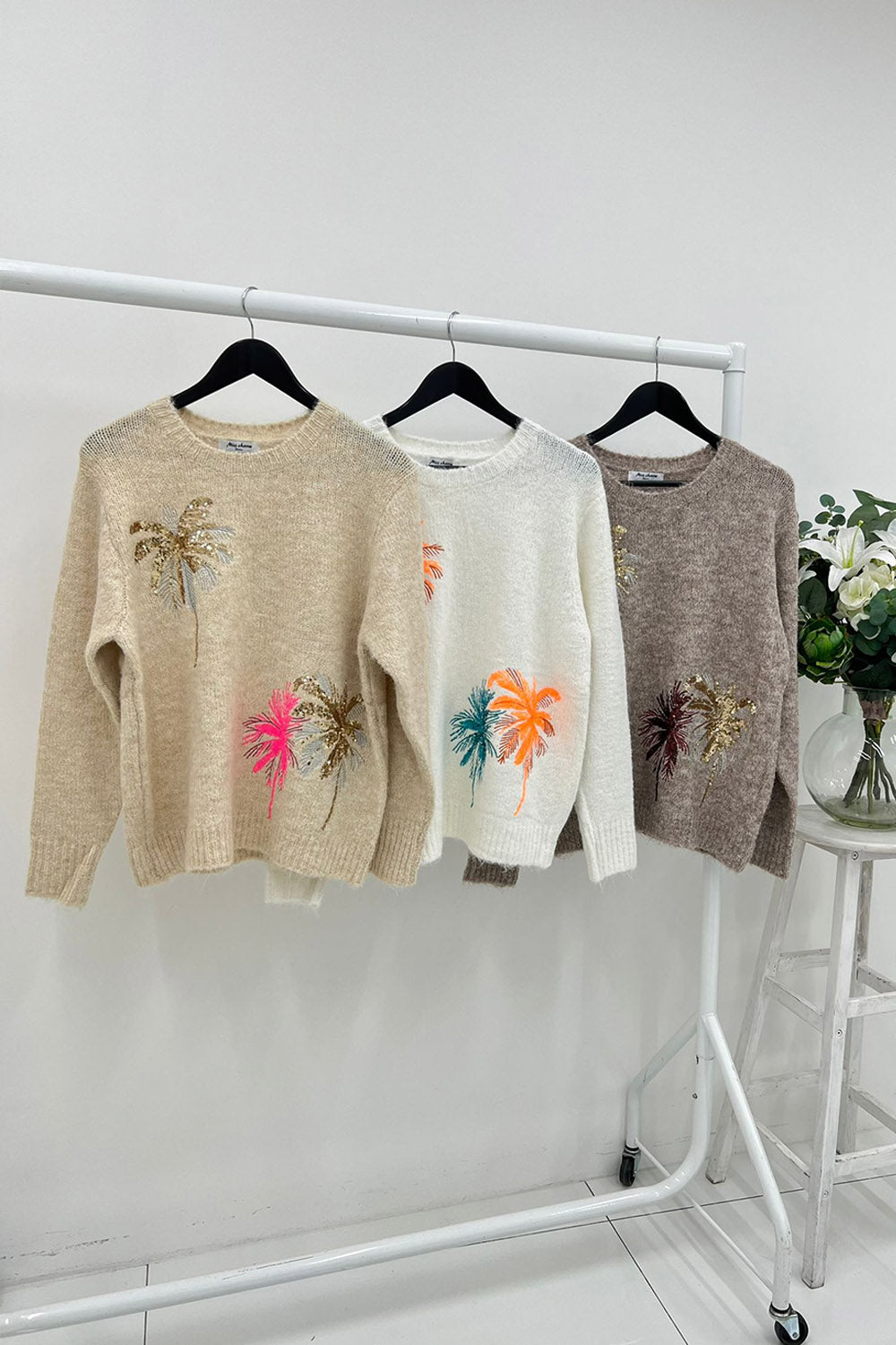palm tree embroidered knit jumpers