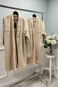 Beige Coat – Longline Open Front with Wide Sleeves