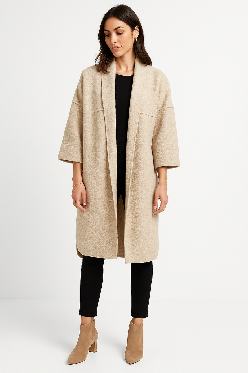 Beige Coat – Longline Open Front with Wide Sleeves
