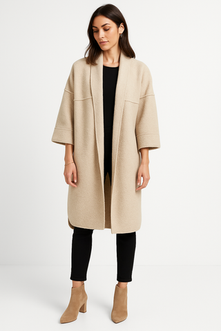 Beige Coat – Longline Open Front with Wide Sleeves