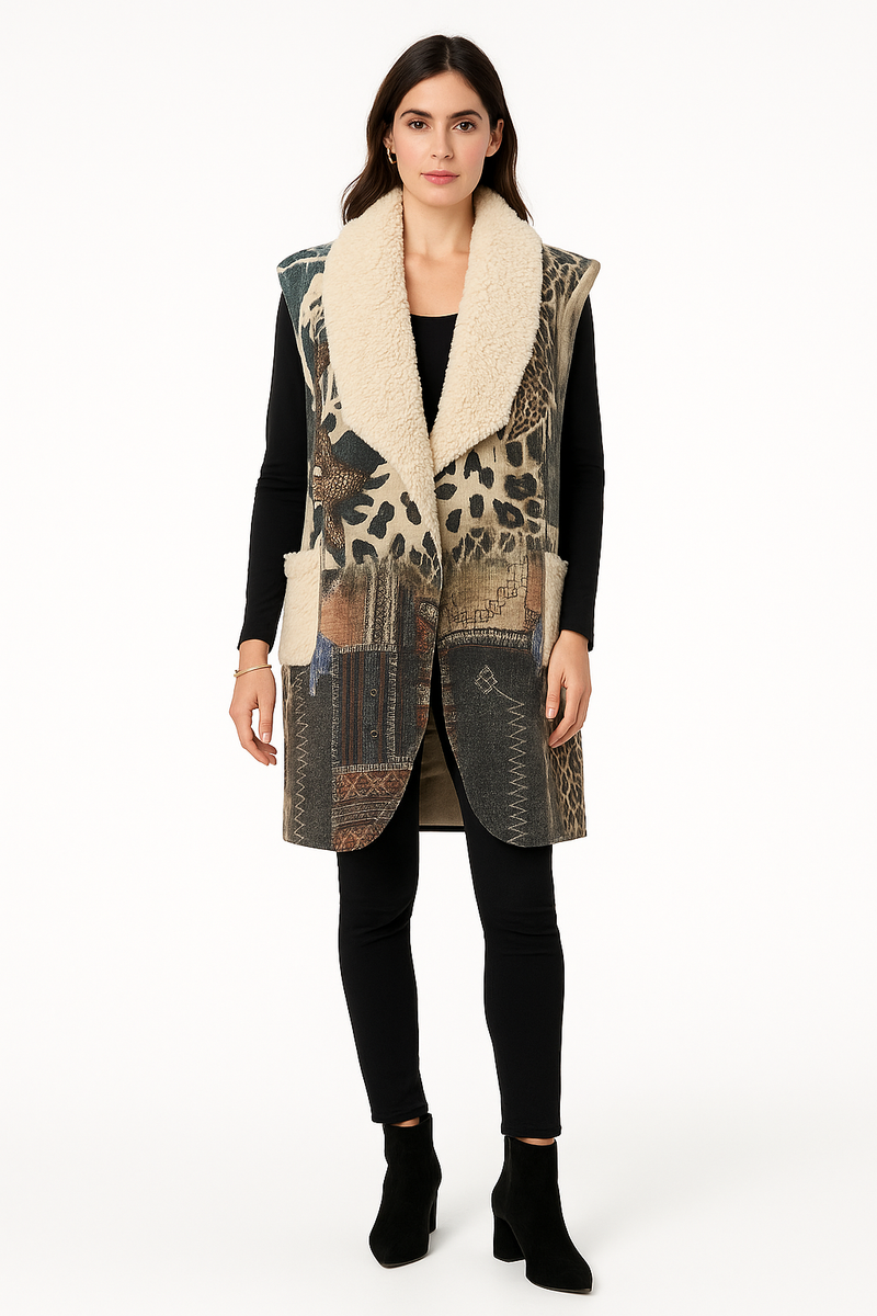 Mixed Print Vest – Sleeveless with Shearling Collar