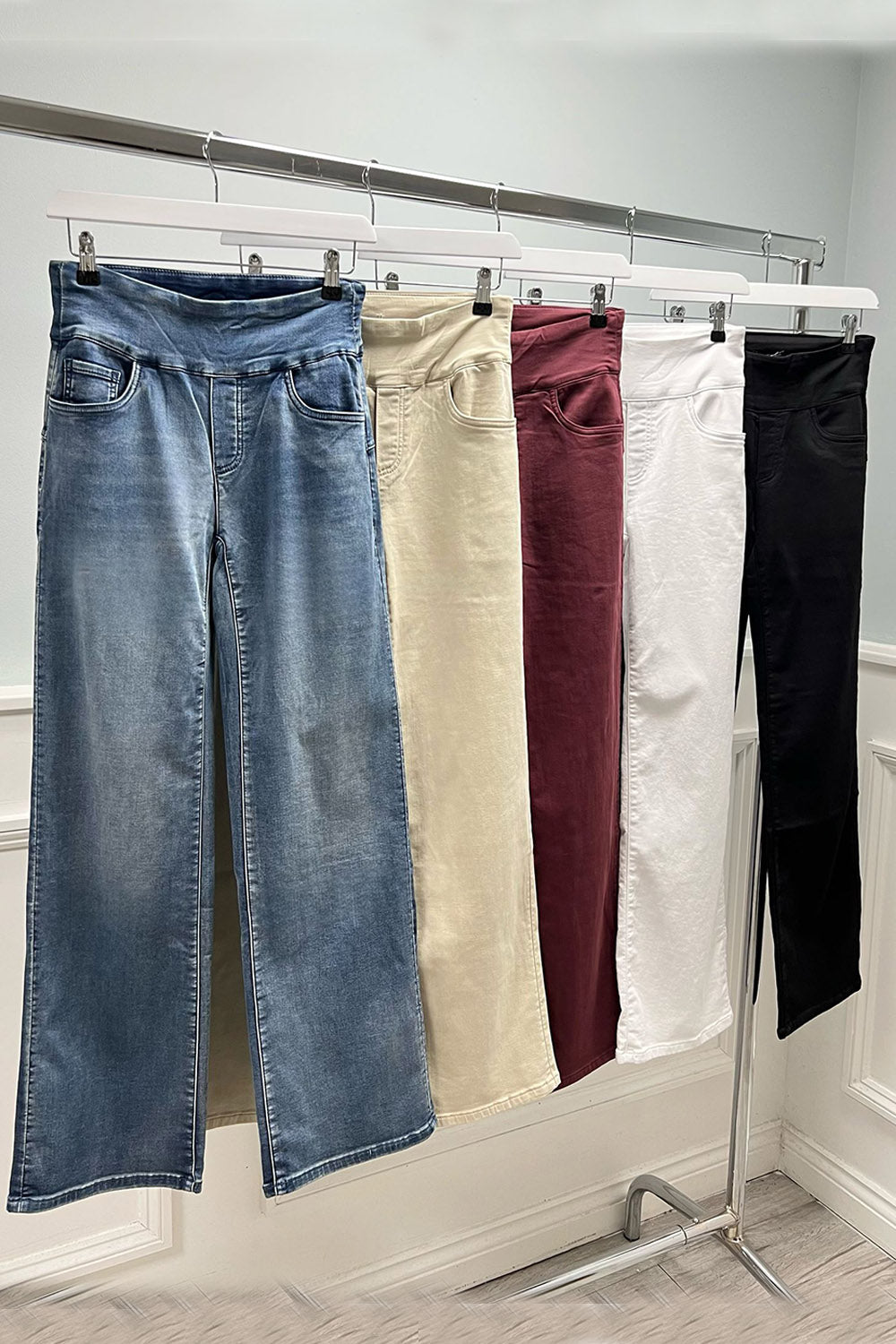Elasticated Waist, Two Pocket Wide Leg Stretchy Denim Jeans