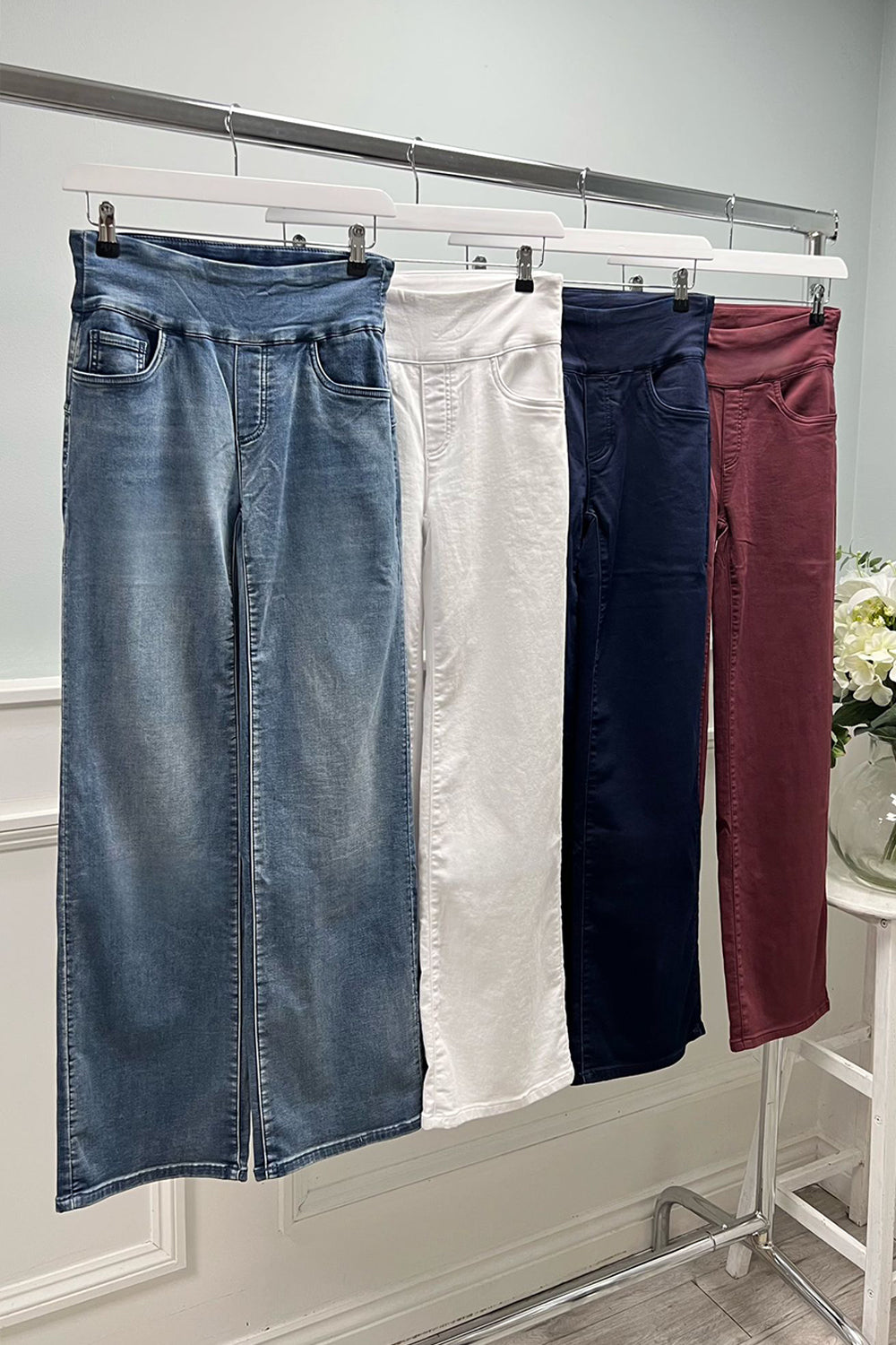 Elasticated Waist, Two Pocket Wide Leg Stretchy Denim Jeans