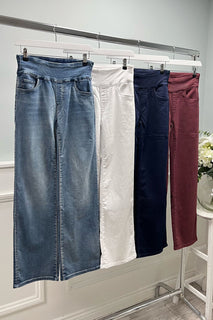 Elasticated Waist, Two Pocket Wide Leg Stretchy Denim Jeans