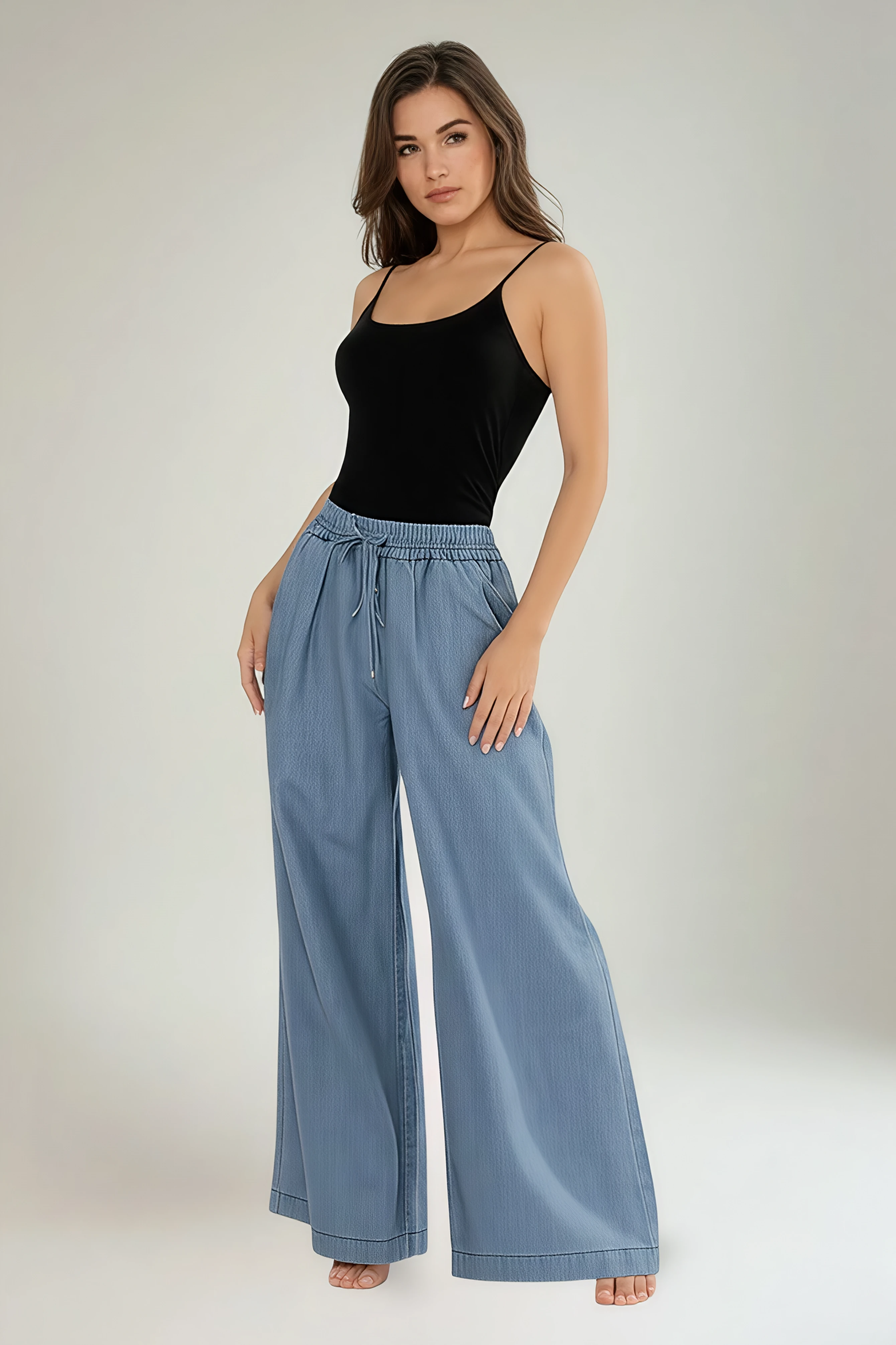 Elasticated Waist, Drawstring Detailed, 100% Tencel, Wide Leg Denim Trouser.
