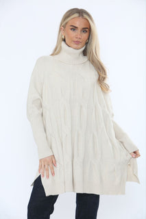 Roll Neck, Side Split Hem, Cable Knit Jumper