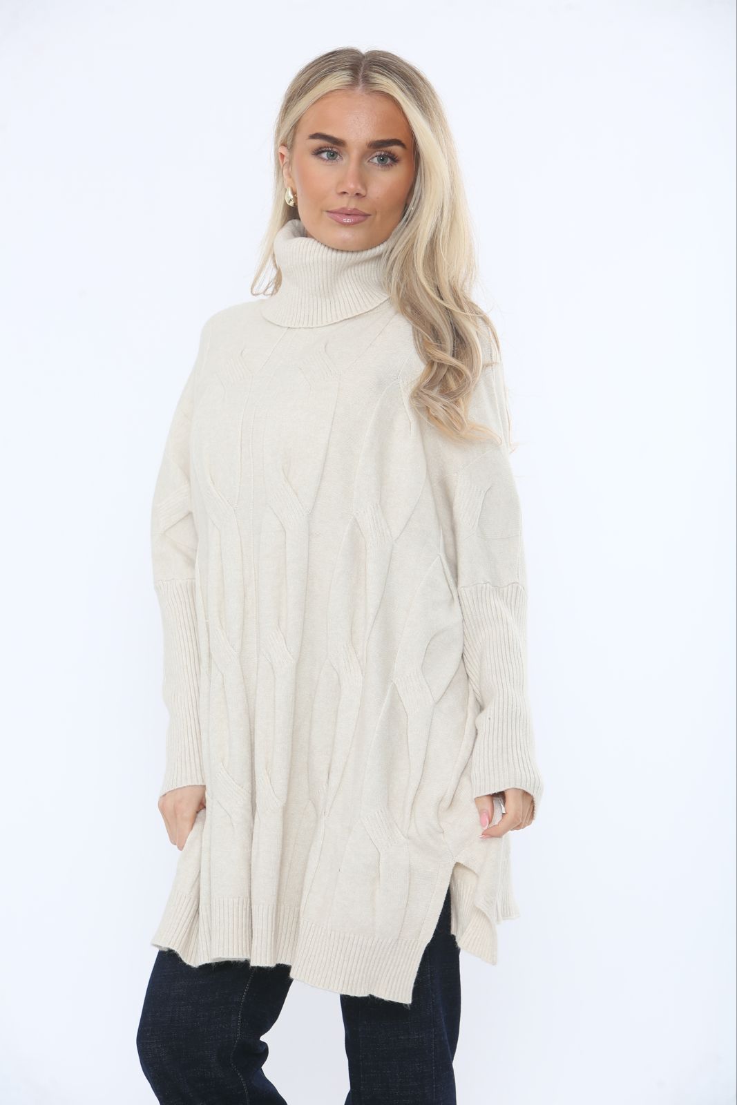 Roll Neck, Side Split Hem, Cable Knit Jumper