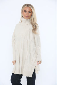 Roll Neck, Side Split Hem, Cable Knit Jumper