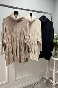 Roll Neck, Side Split Hem, Cable Knit Jumper