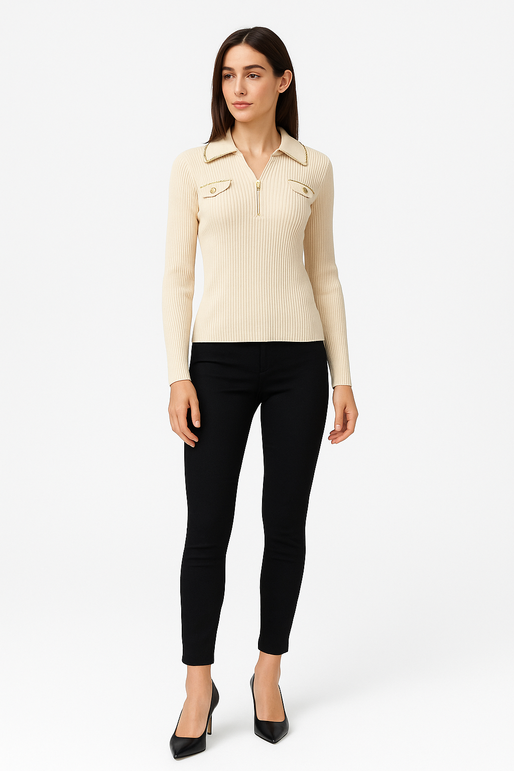Zip & Chain Collared Detailed, Viscose & Polymide Knitted, Ribbed Crop Jumper