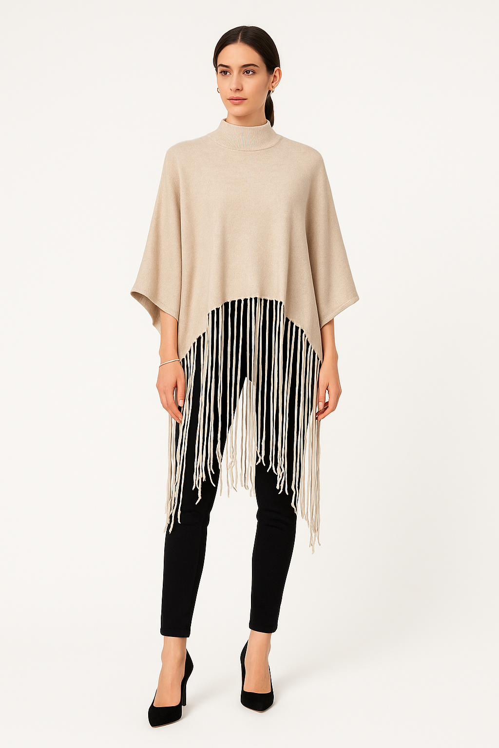 High Neck, Tessel Detailed, Viscose & Modal Knitted Poncho