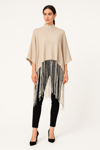 High Neck, Tessel Detailed, Viscose & Modal Knitted Poncho