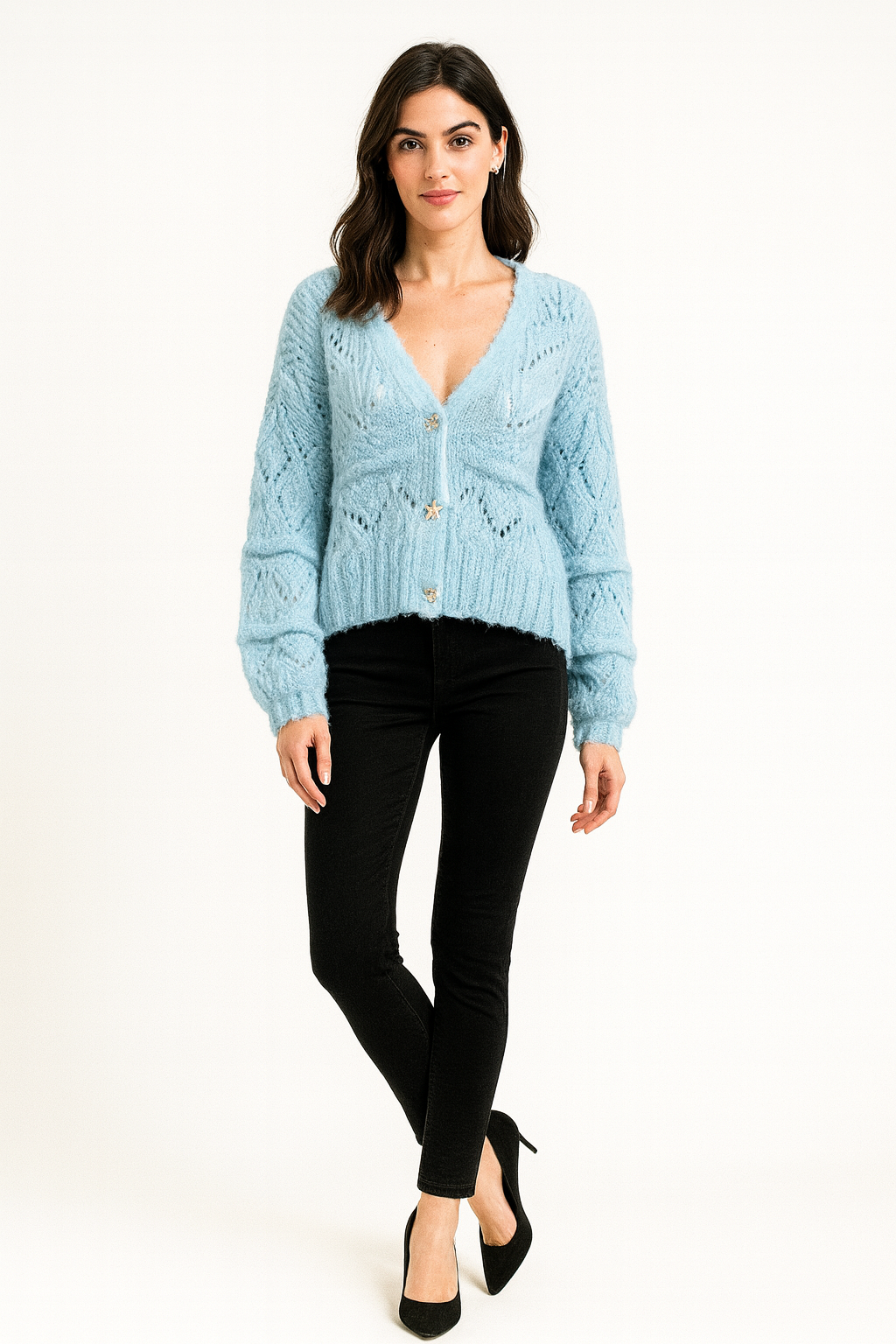 Diamanté Button Through, Lana Wool, Viscose & Polymide knitted Cardigan