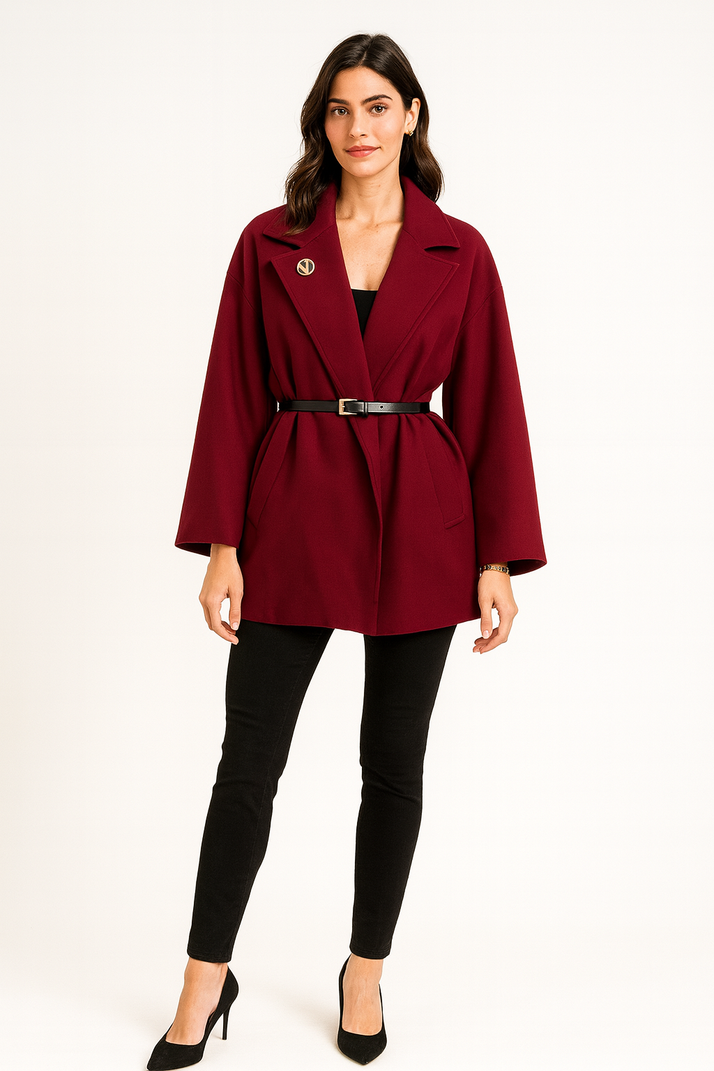 Collared, Diamanté Broach & Belt Detailed, Two Pocket Jacket