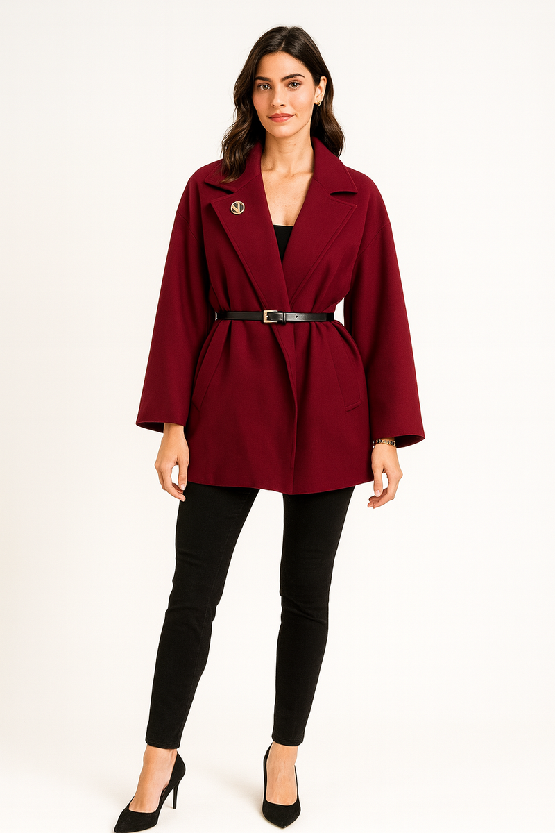 Collared, Diamanté Broach & Belt Detailed, Two Pocket Jacket
