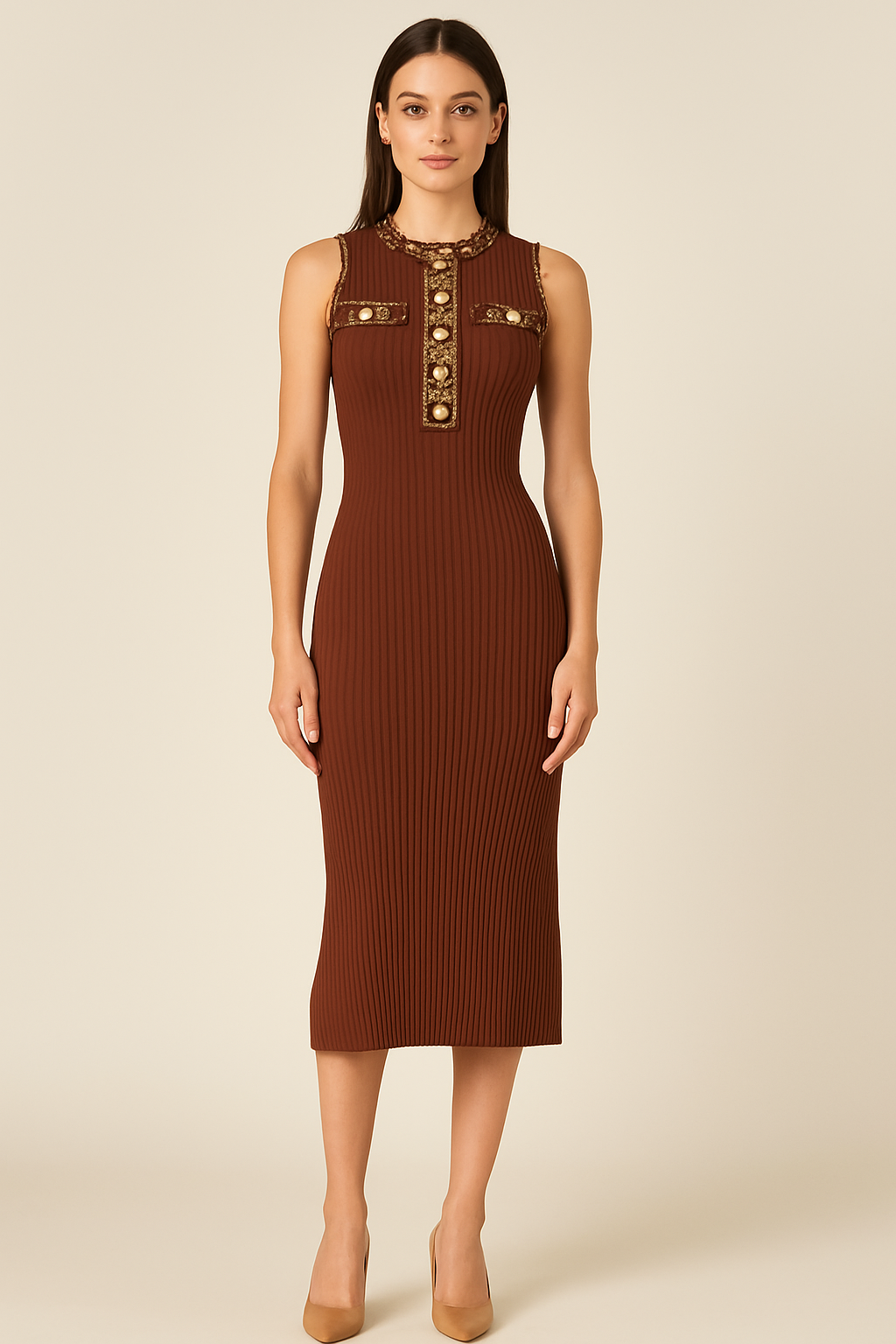 Sleeveless Ribbed Midi Dress with Embellished Detail
