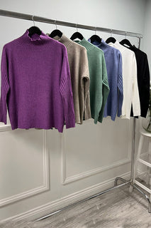 Ribbed High Neck & Ribbed Sleeve Deatiled, Viscose & Modal Knitted Jumper