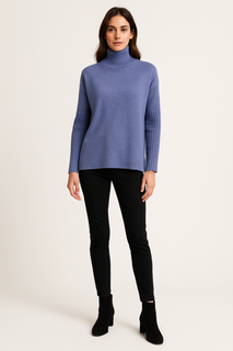 Ribbed High Neck & Ribbed Sleeve Deatiled, Viscose & Modal Knitted Jumper