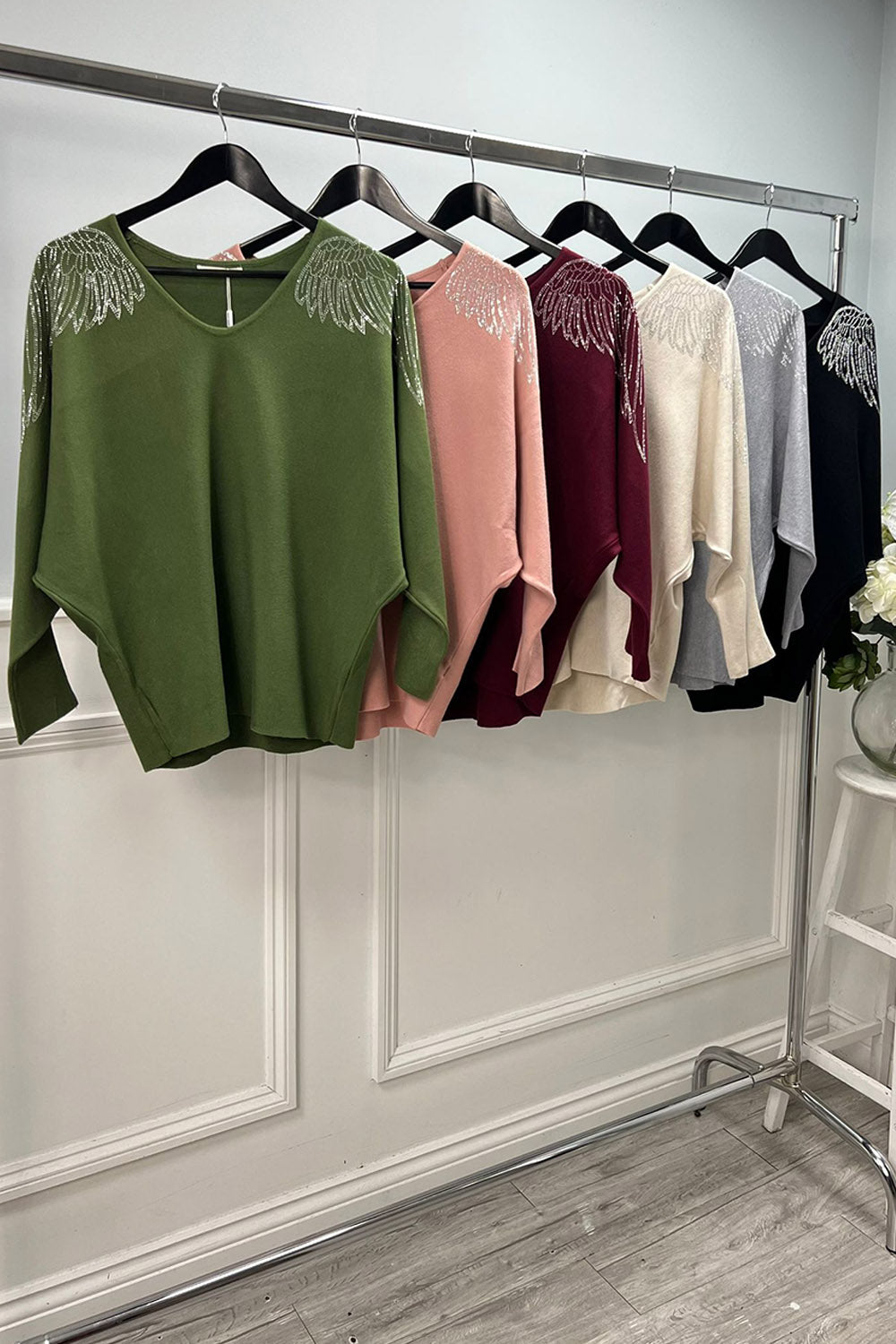 V-Neck, Diamanté Studded Angel Wings 🪽 Detailed, Viscose Batwing JumpeR