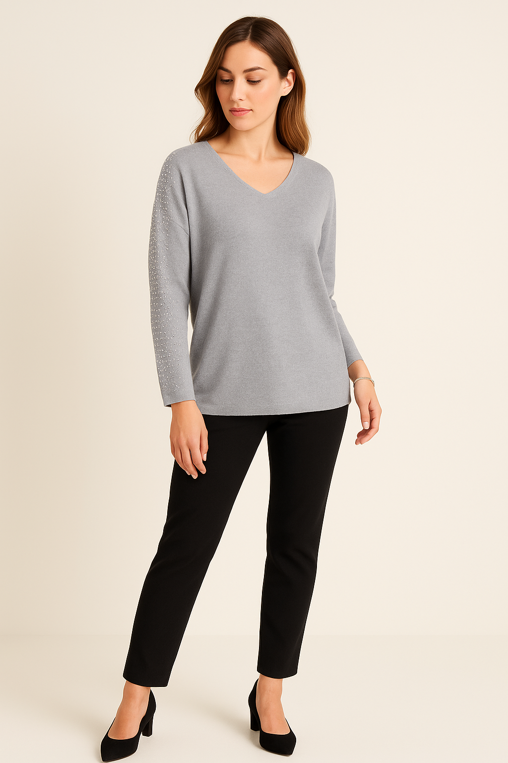 V Neck Long Sleeves Jumper with subtle embellishments on Shoulder