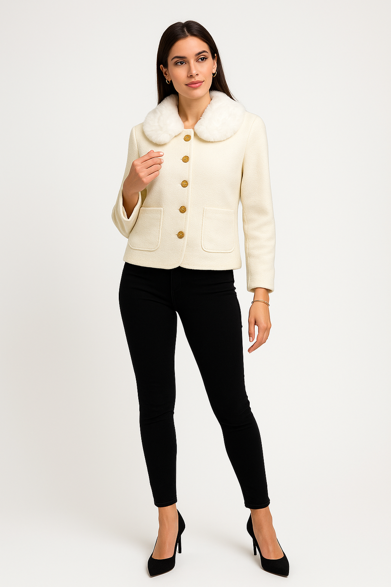 Wool Jacket – Faux Fur Collar & Gold Buttons.