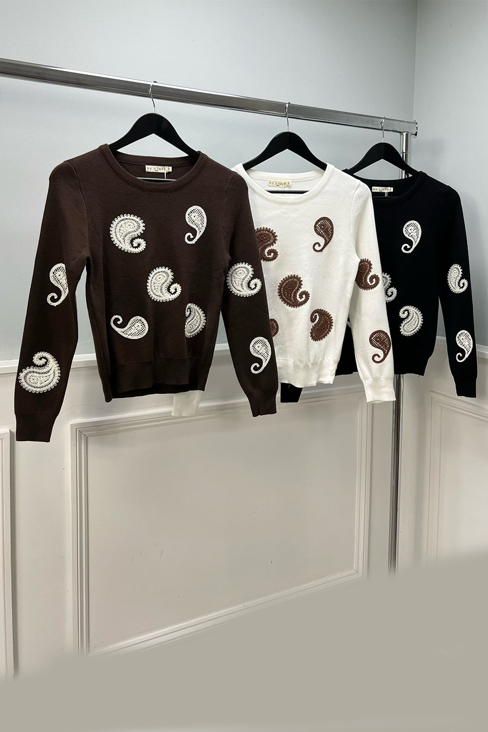 Round Neck, Paisley Embroidery Detailed, Elasticated Cuff, Viscose & Polymide Knitted Jumper